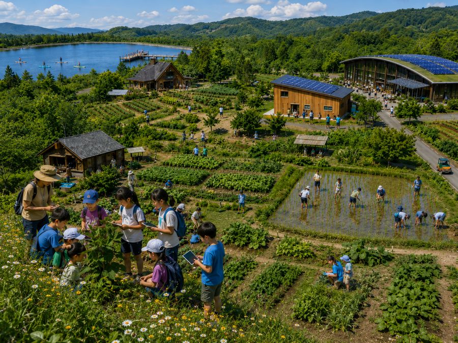 森の中のドーム型植物工場で野菜を育て学ぶ、FOREST LINK VILLAGEのイメージパース