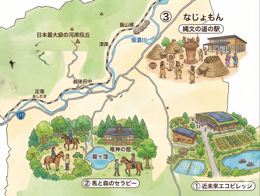 津南町の3つの目的地(近未来エコビレッジ・馬と森のセラピー・なじょもん縄文の道の駅)と龍ヶ窪、河岸段丘を描いたイラストマップ